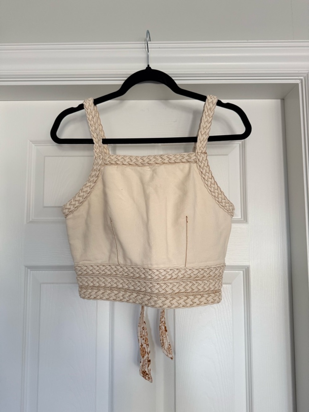 Anthropologie Cream Braided-Trim Tie-Back Crop Top